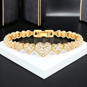 Gold Plated Stackable Stainless Steel Pave Zircon Heart Bracelet